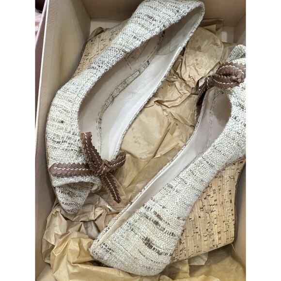$995 PRADA TWEED BEIGE BROWN CORK WEDGE PEEP TOE SHOES WITH LEATHER BOW 39 - Picture 9 of 9